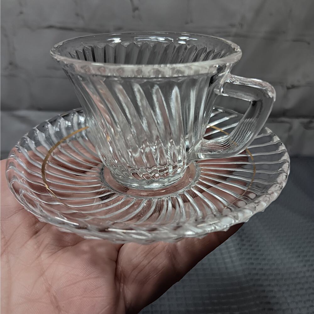 6 FEDERAL GLASS Clear Diana Pattern Swirl Demitasse Cup & Saucer Sets Depression